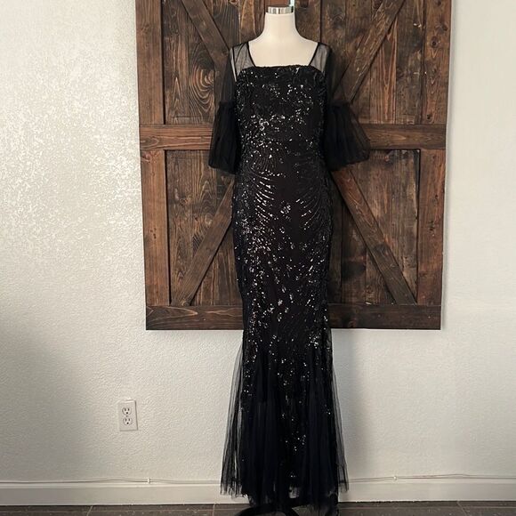 Tulle black Flared Sleeve Evening Party Dress Elegant Mermaid gown dress Sz- XL - Picture 4 of 16